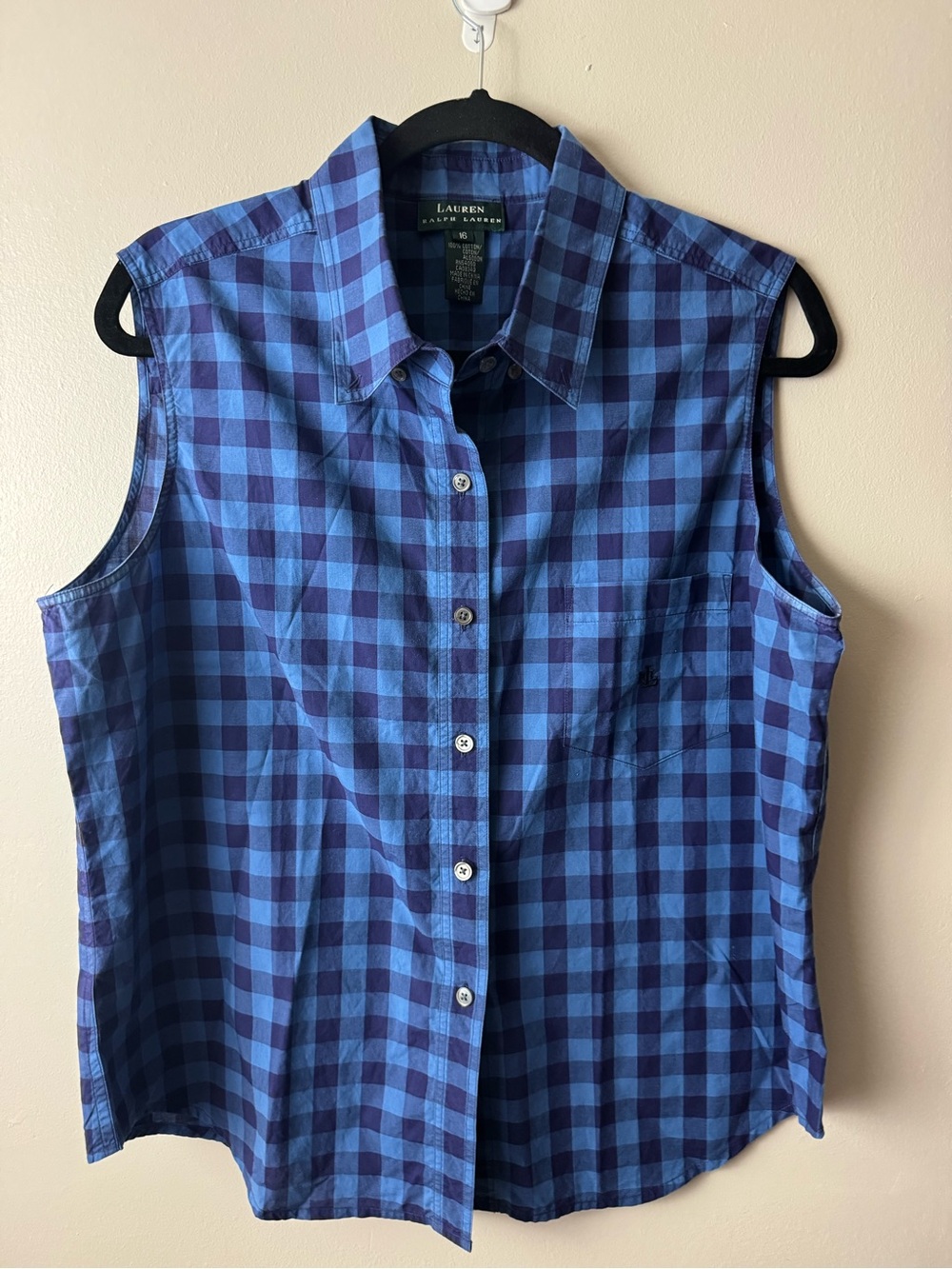 Lauren Ralph Lauren Blue Check Sleeveless Button Down Cotton Shirt Size 16